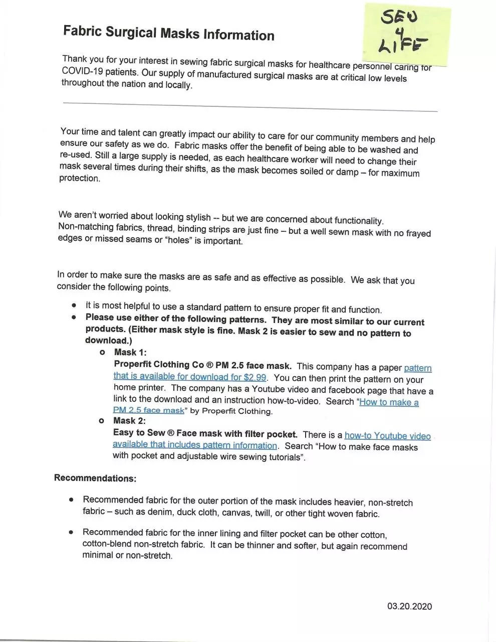 Page 1 of 2, Face Mask Pattern and Supplies