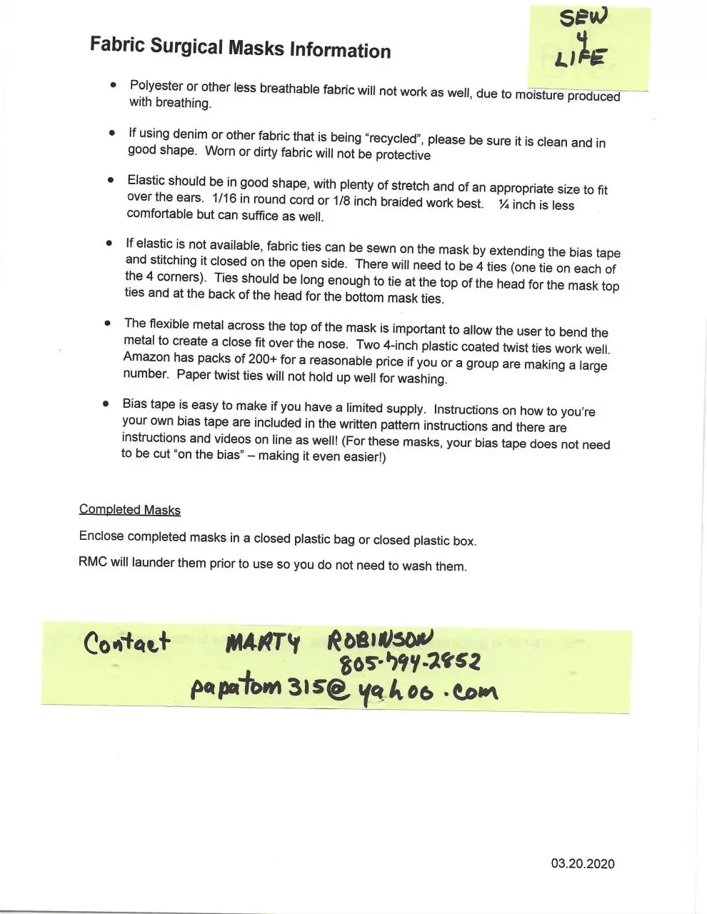 Page 2 of 2, Face Mask Pattern and Supplies