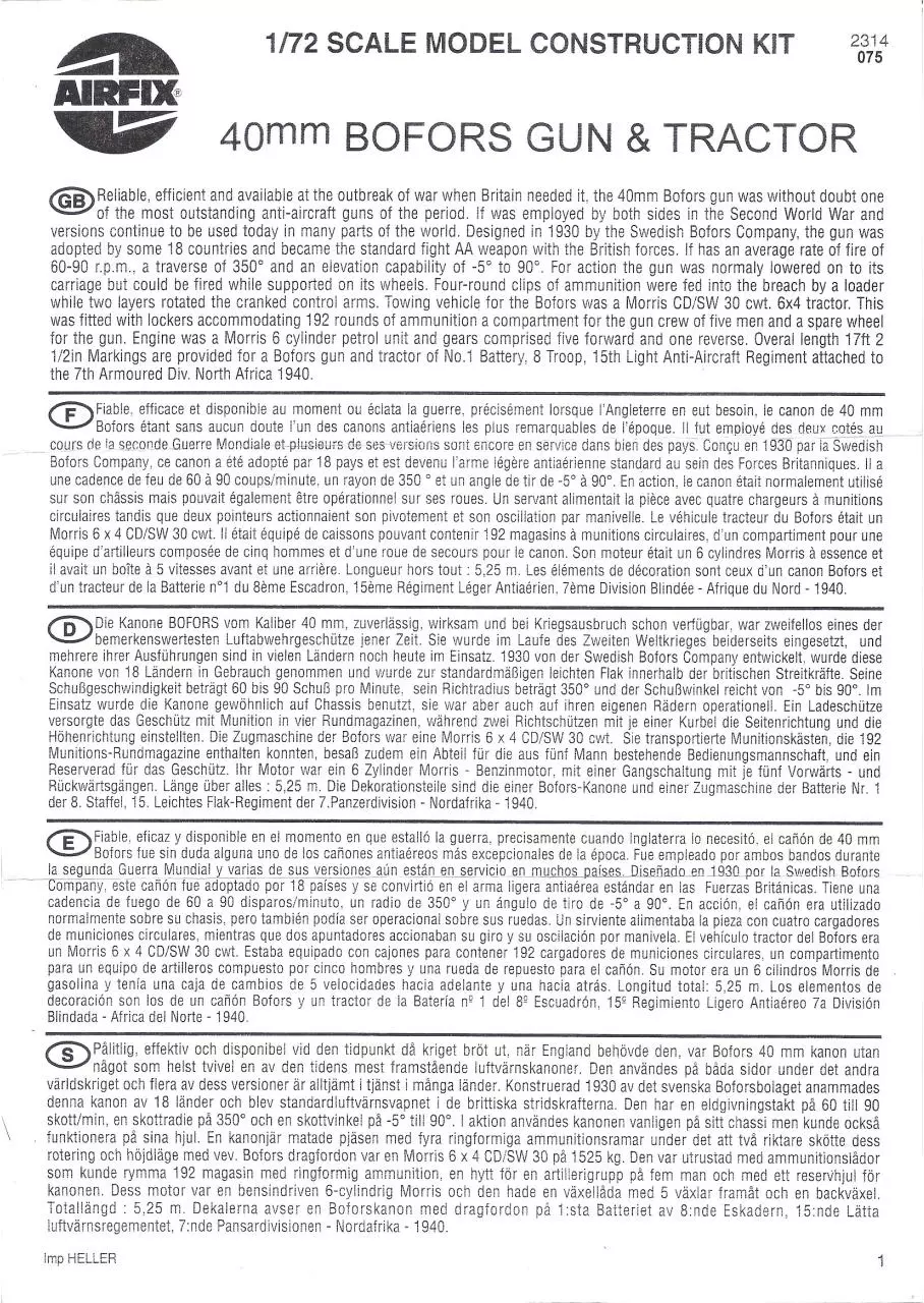 Page 1 of 6, Airfix 76 Bofors 40mm Gun & Tractor (02314)