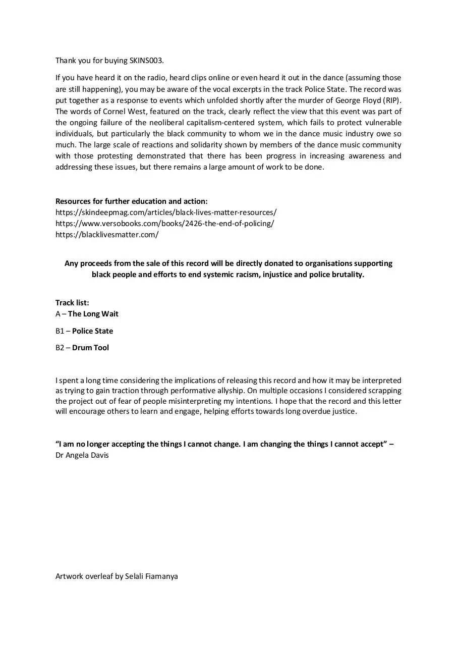 Page 1 of 1, Letter to purchasers of SKINS003