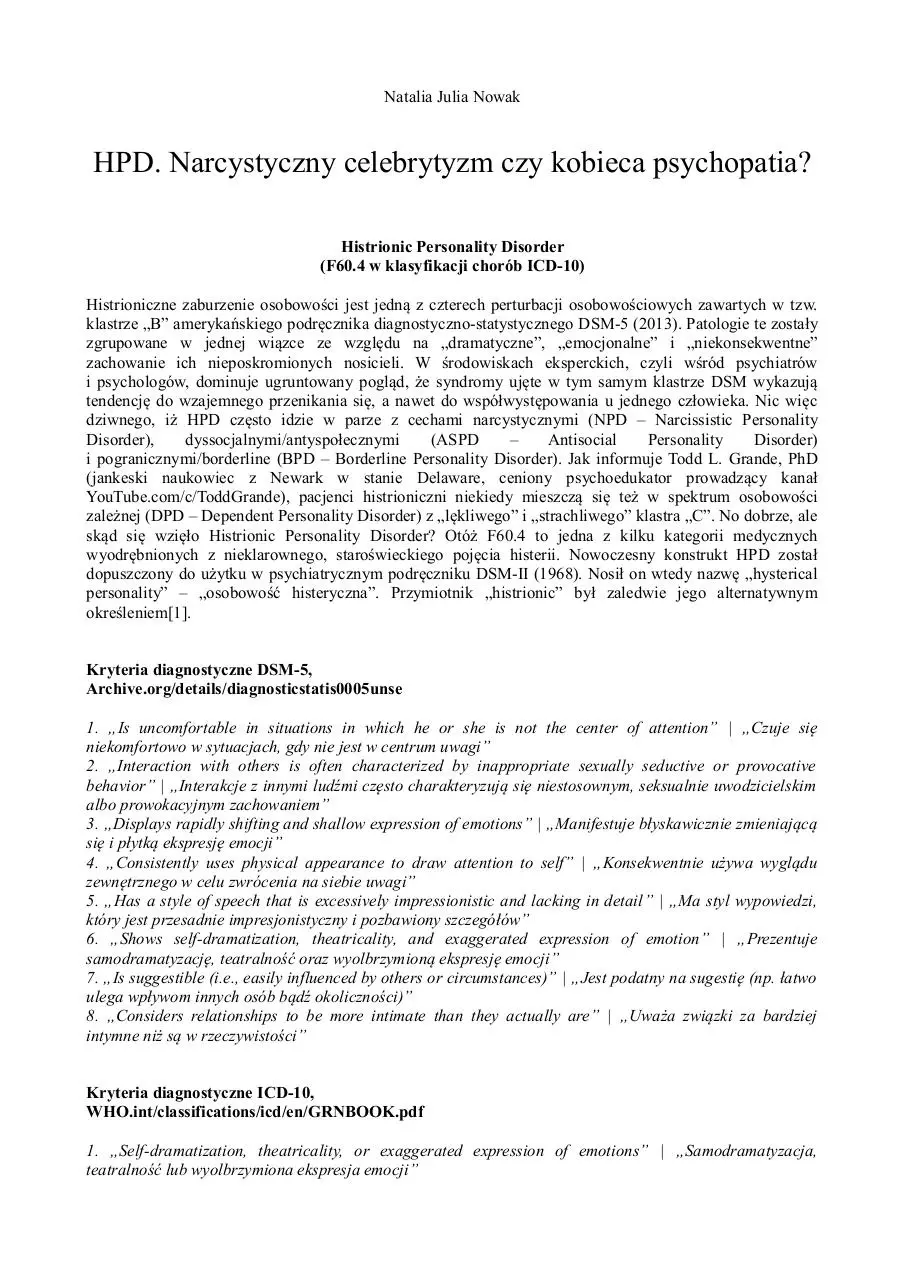 Page 1 of 9, HPD. Narcystyczny celebrytyzm czy kobieca psychopatia
