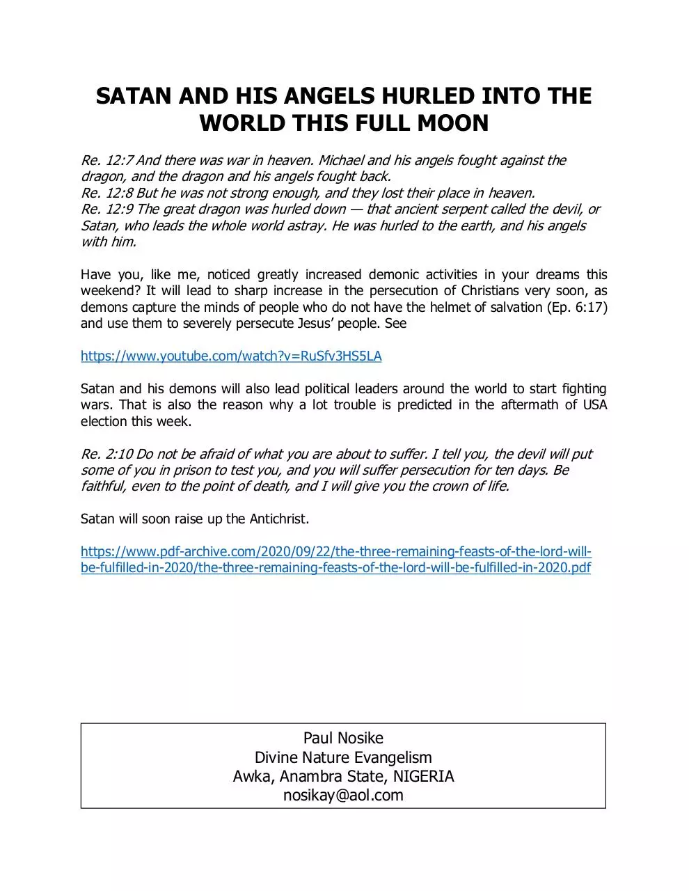 Page 1 of 1, SATAN AND HIS ANGELS HURLED INTO THE WORLD THIS FULL MOON