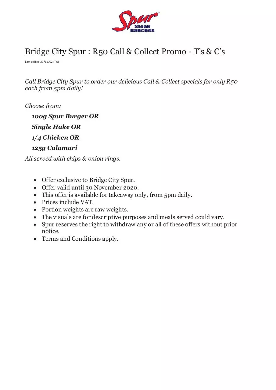 Page 1 of 1, 201102TG Bridge City Spur R50 Call & Collect Promo T's & C's