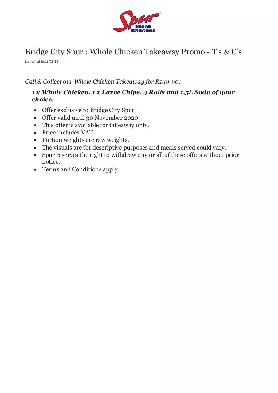 Page 1 of 1, 201102TG Bridge City Spur Whole Chicken Takeaway T's & C's