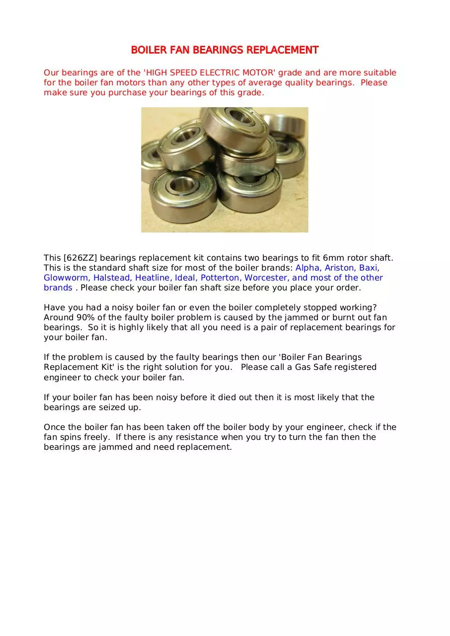 Page 1 of 6, boiler fan bearings replacement instructions