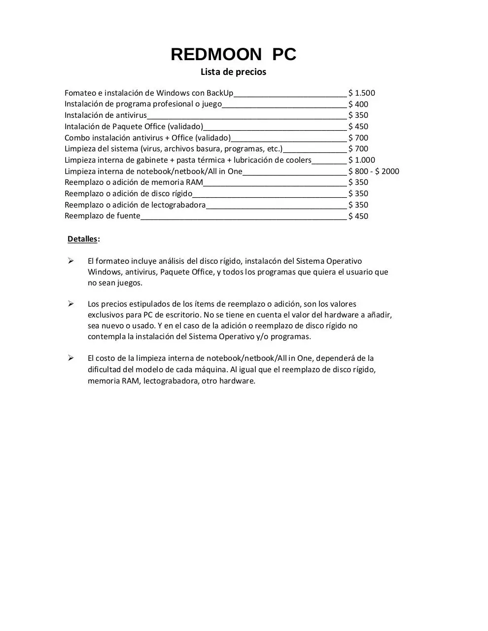 Page 1 of 1, Precios RM