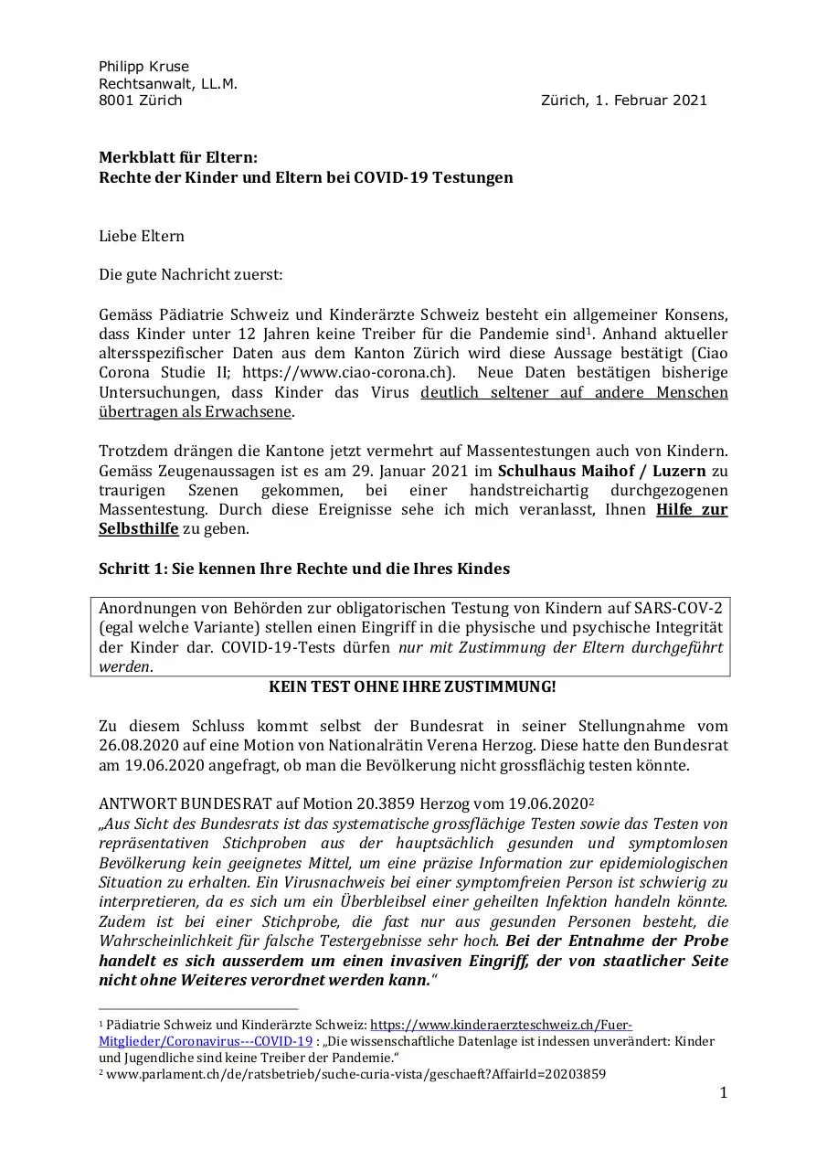 Page 1 of 4, Merkblatt Eltern Kinder Covid (RA Kruse 01.02.2021)
