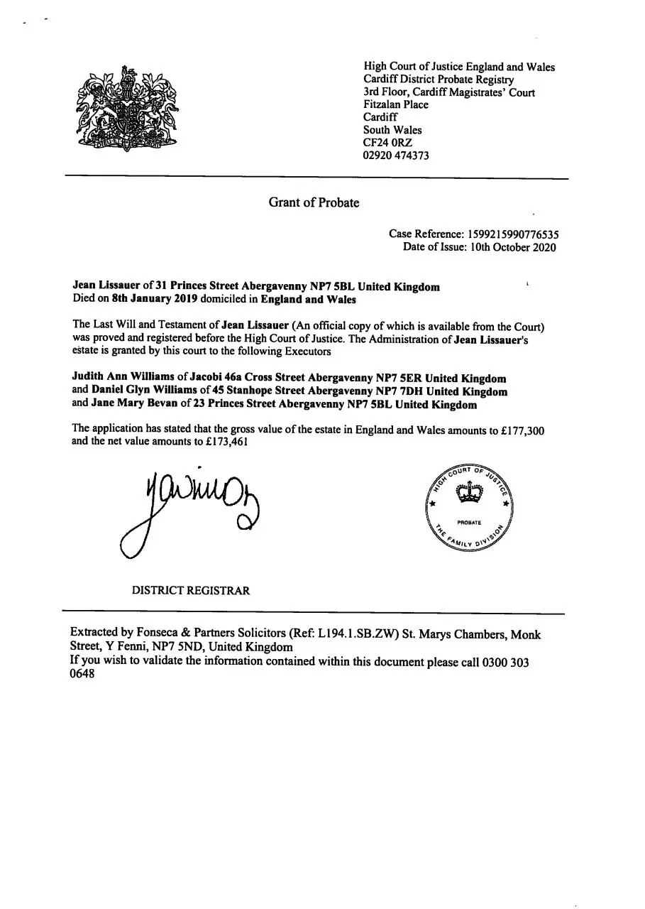 Page 1 of 3, Last Will and Testament Mrs Jean Lissauer nee Goodeve b.Q1.1925 d.8 January 2019