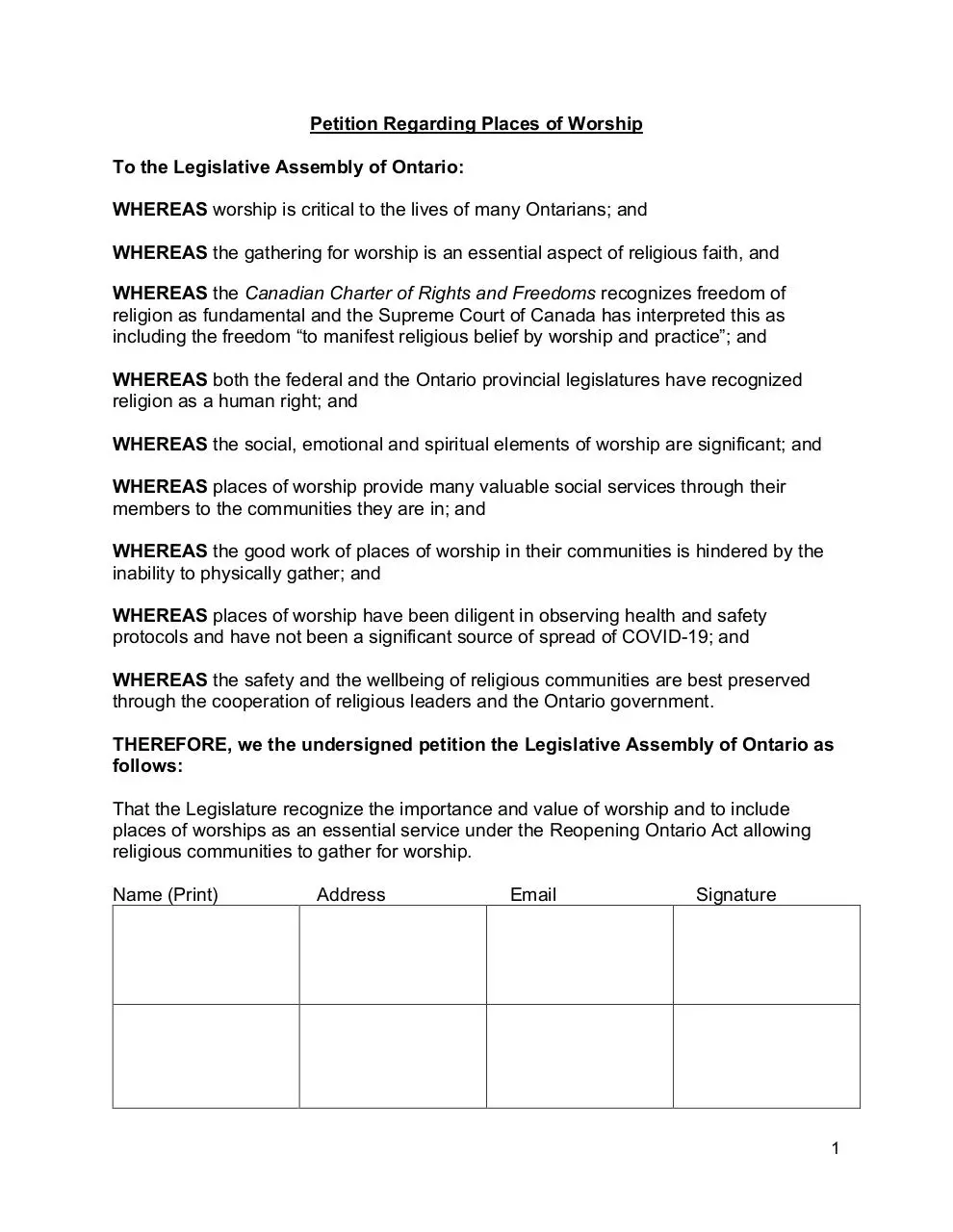 Page 1 of 3, ON Petition Places of Worship