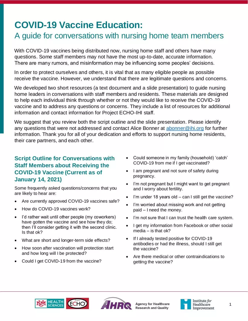 Page 1 of 4, Outline for vaccine hesitancy conversations Word 011321