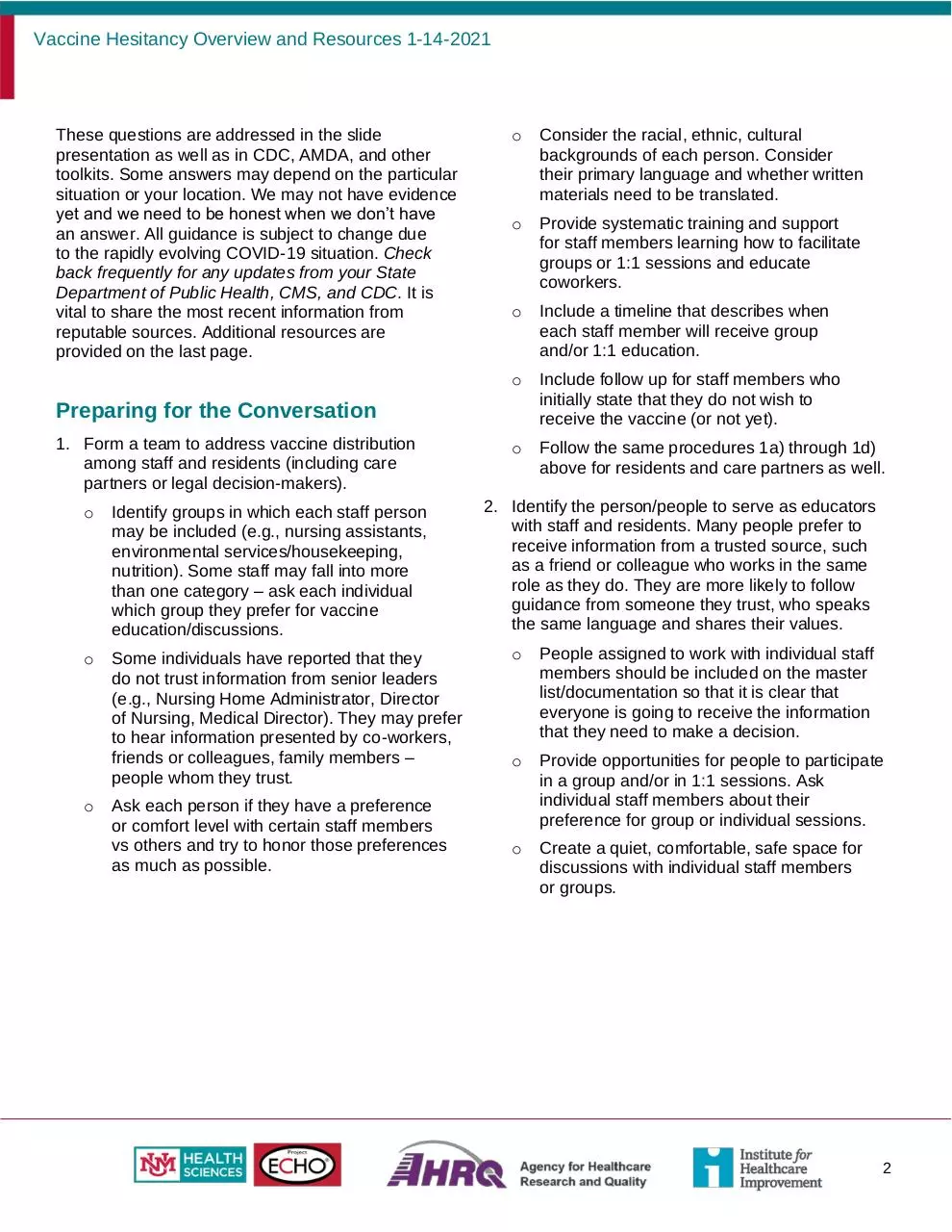Page 2 of 4, Outline for vaccine hesitancy conversations Word 011321
