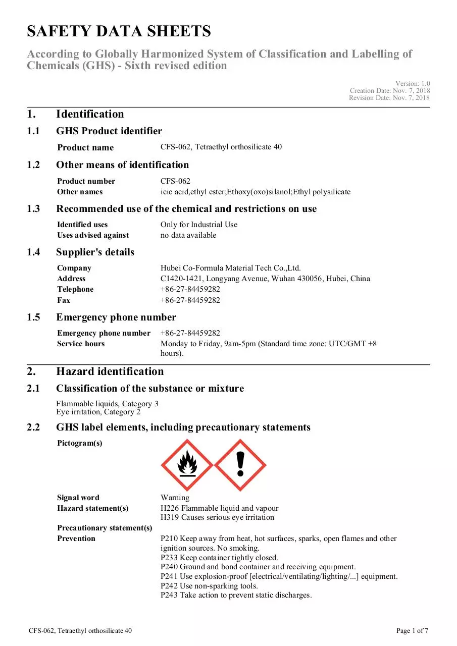 Page 1 of 7, cfs 062 tetraethyl orthosilicate 40 ghs sds