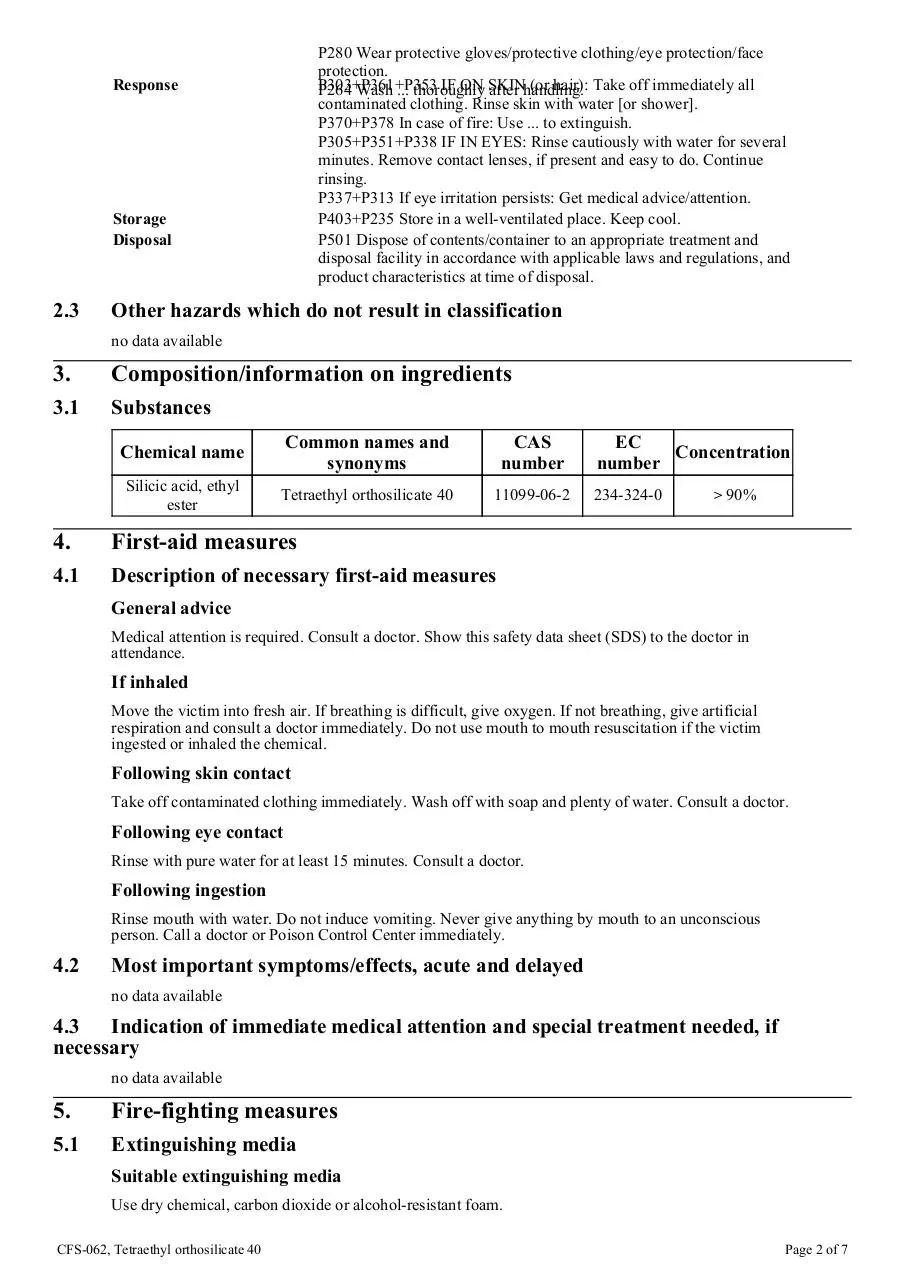 Page 2 of 7, cfs 062 tetraethyl orthosilicate 40 ghs sds