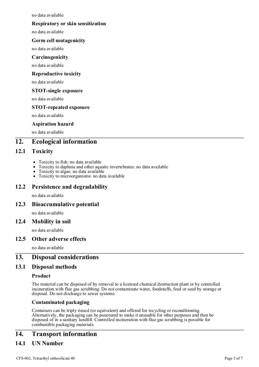 Page 5 of 7, cfs 062 tetraethyl orthosilicate 40 ghs sds