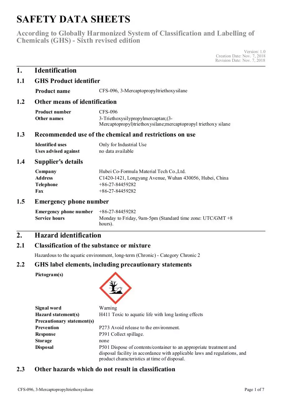 Page 1 of 7, cfs 096 3 mercaptopropyltriethoxysilane ghs sds