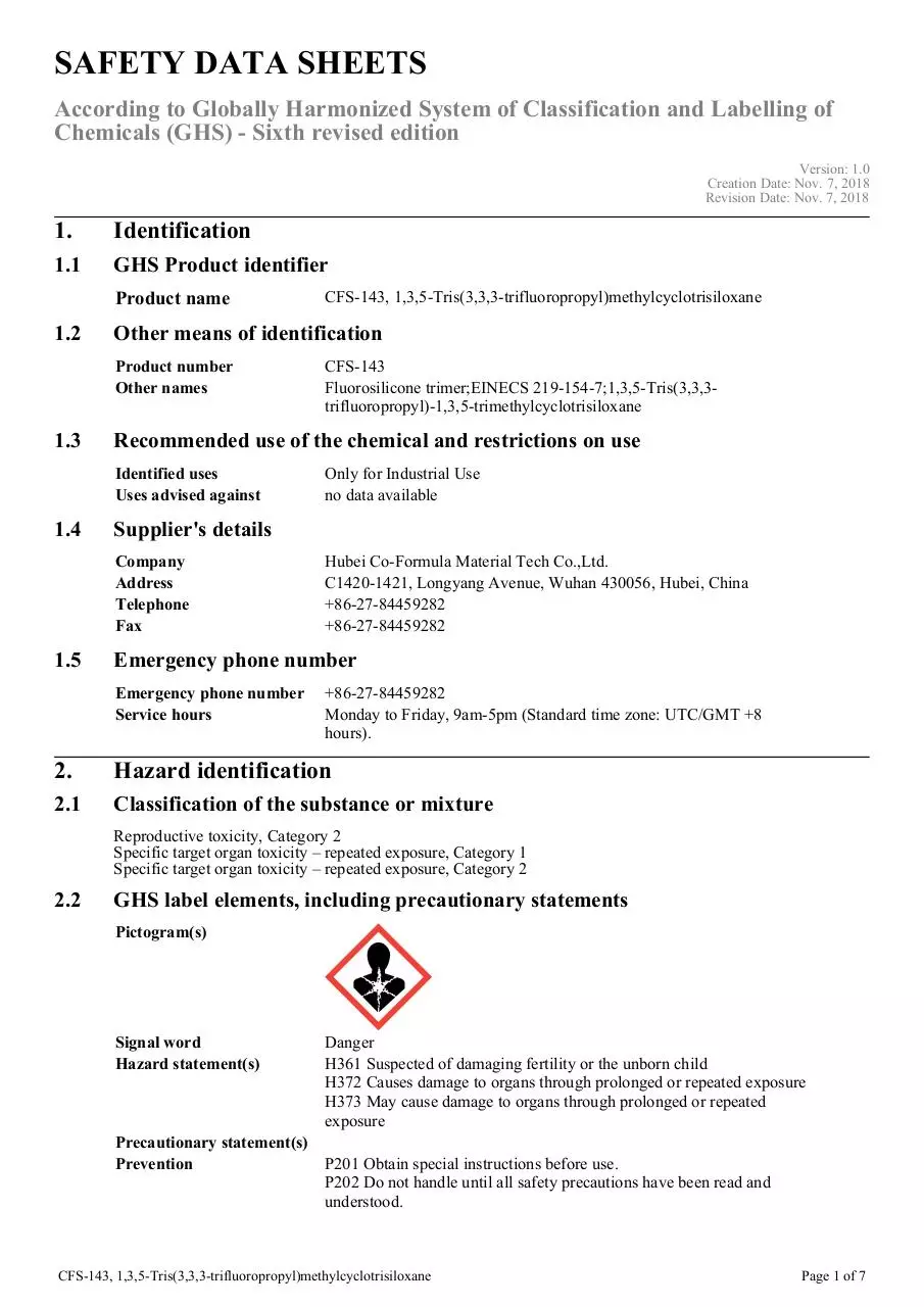 Page 1 of 7, cfs 143 1 3 5 tris(3 3 3 trifluoropropyl)methylcyclotrisiloxane ghs sds