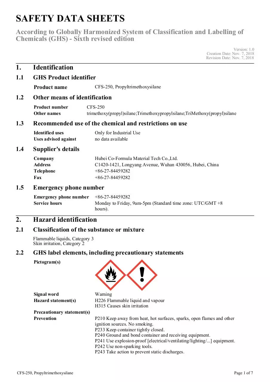 Page 1 of 7, cfs 250 propyltrimethoxysilane ghs sds