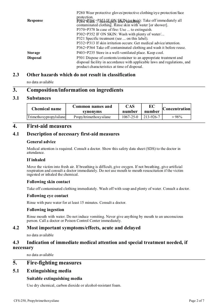 Page 2 of 7, cfs 250 propyltrimethoxysilane ghs sds