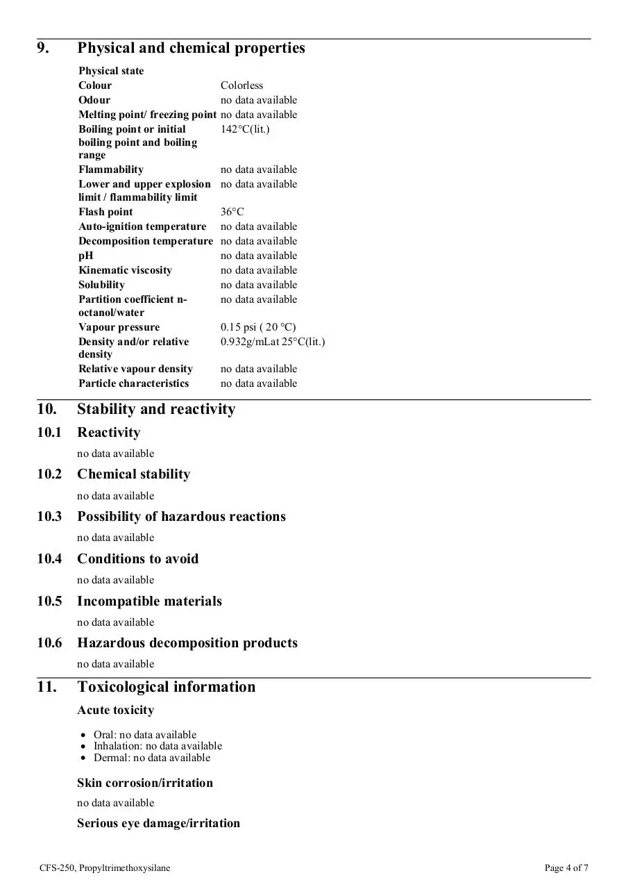 Page 4 of 7, cfs 250 propyltrimethoxysilane ghs sds