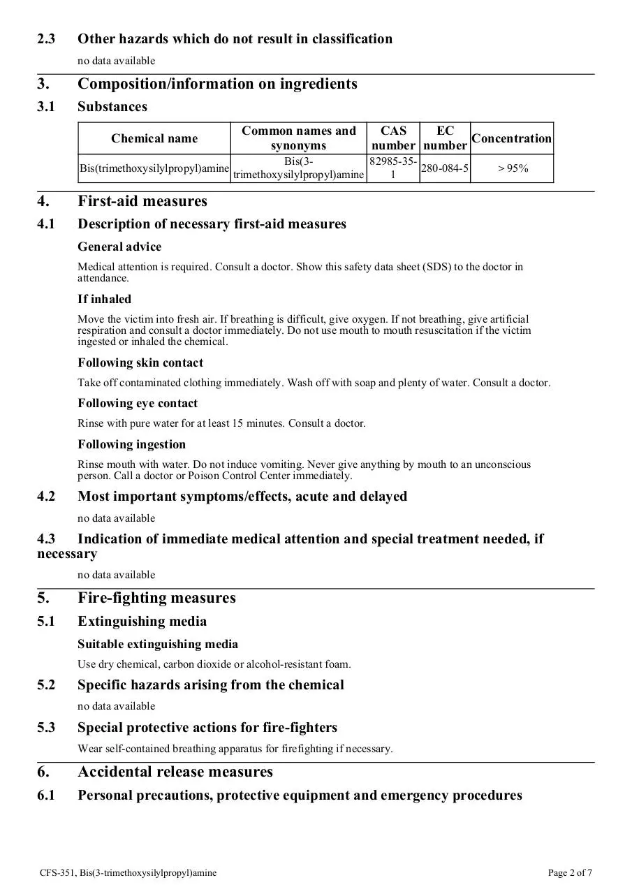 Page 2 of 7, cfs 351 bis(3 trimethoxysilylpropyl)amine ghs sds
