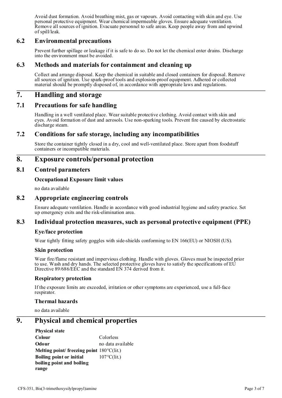 Page 3 of 7, cfs 351 bis(3 trimethoxysilylpropyl)amine ghs sds