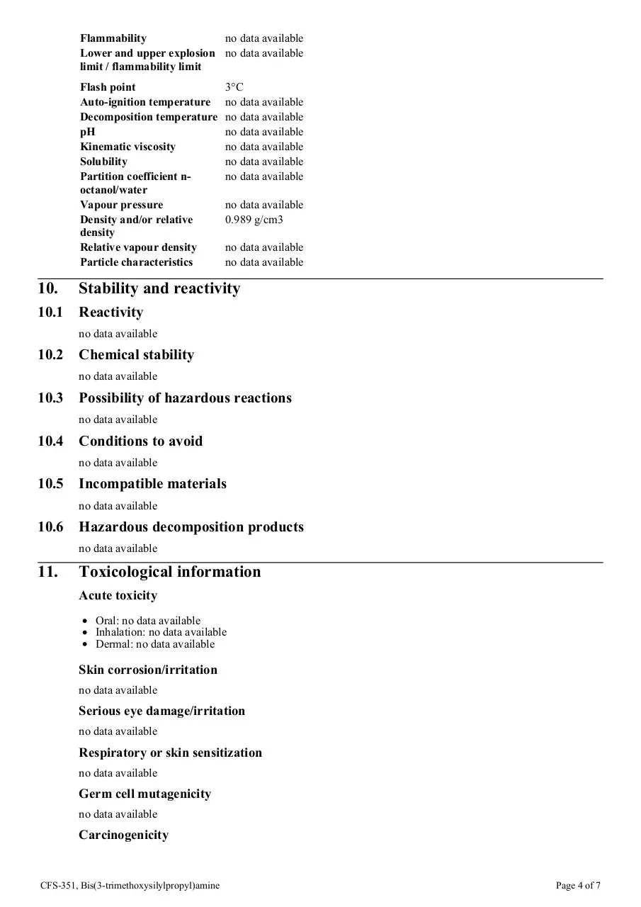 Page 4 of 7, cfs 351 bis(3 trimethoxysilylpropyl)amine ghs sds