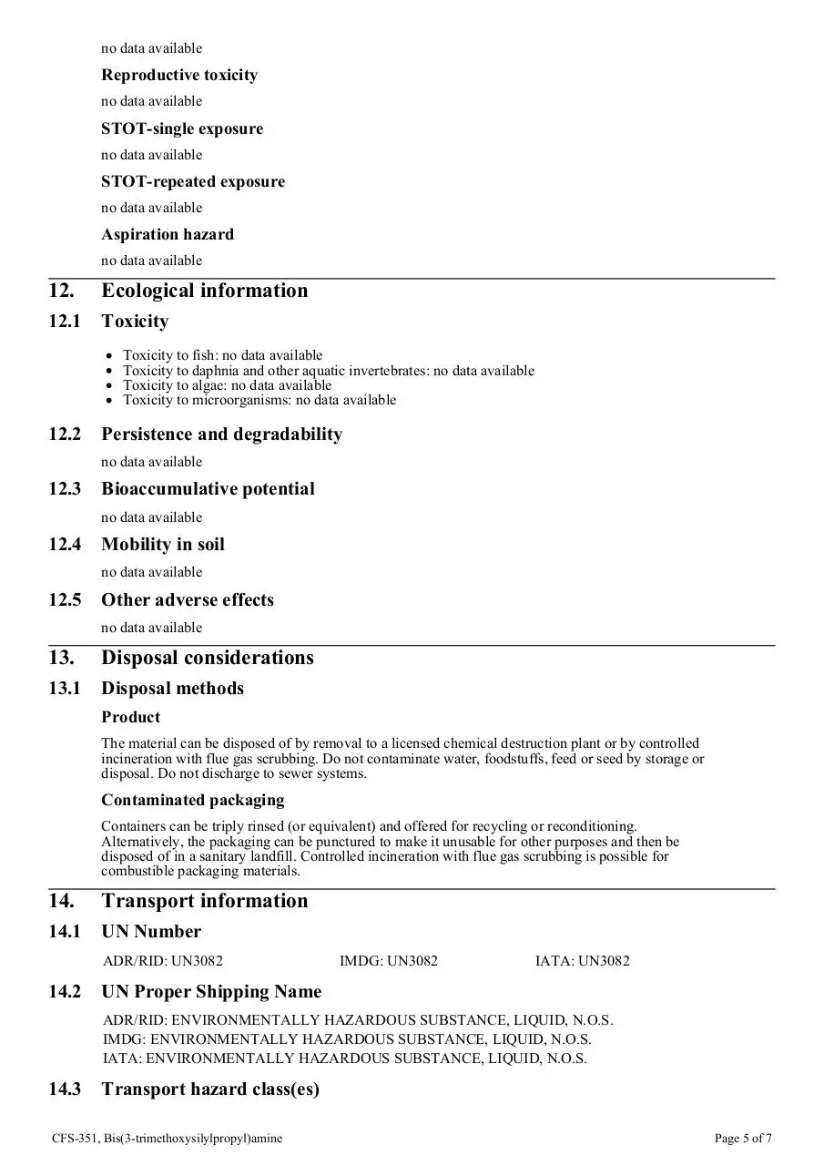 Page 5 of 7, cfs 351 bis(3 trimethoxysilylpropyl)amine ghs sds