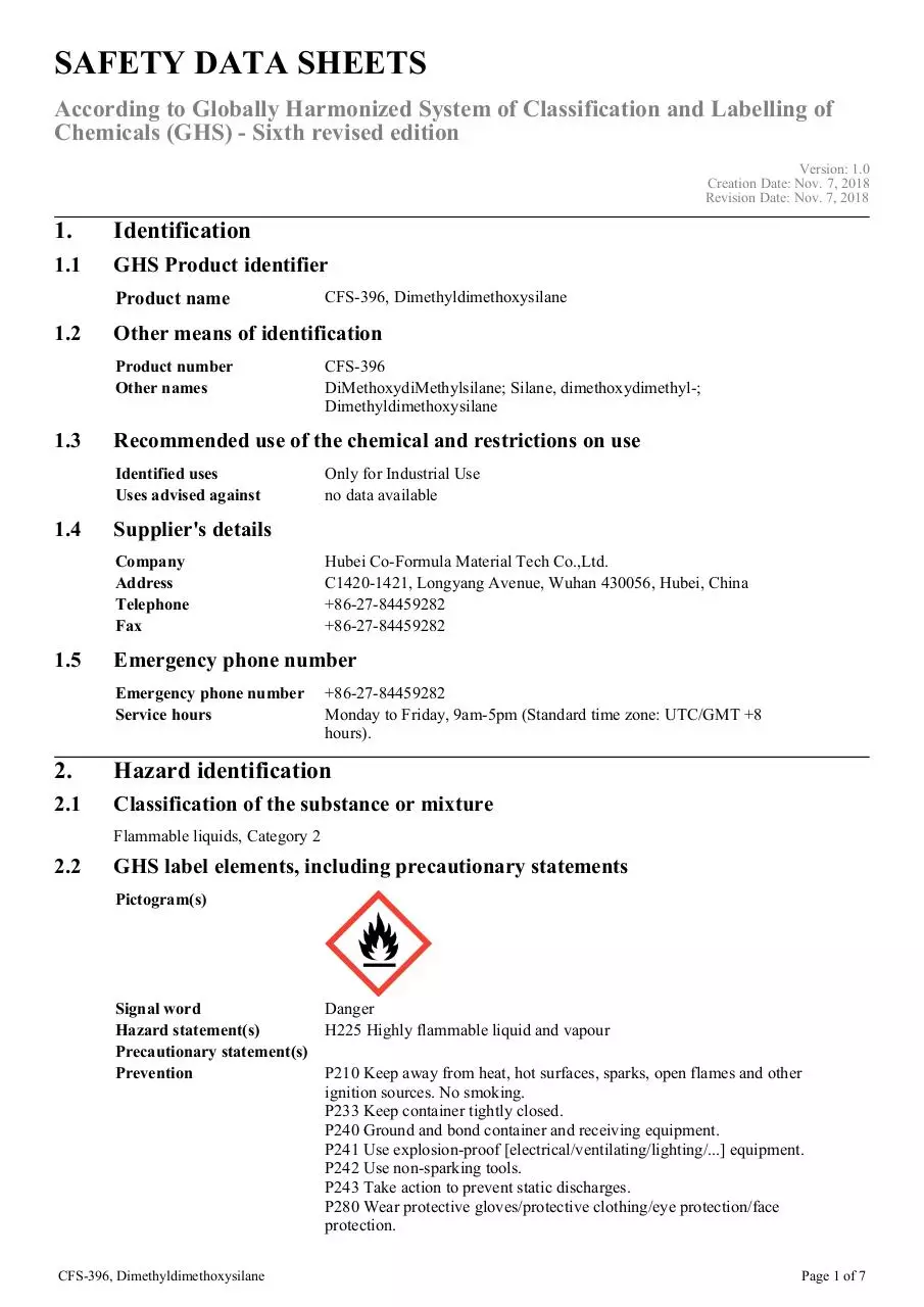 Page 1 of 7, cfs 396 dimethyldimethoxysilane ghs sds