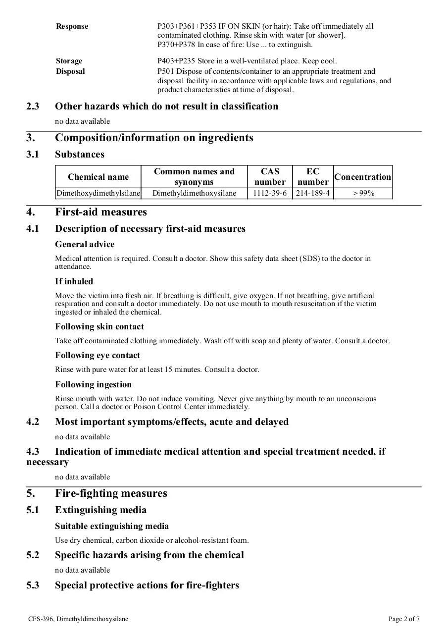 Page 2 of 7, cfs 396 dimethyldimethoxysilane ghs sds