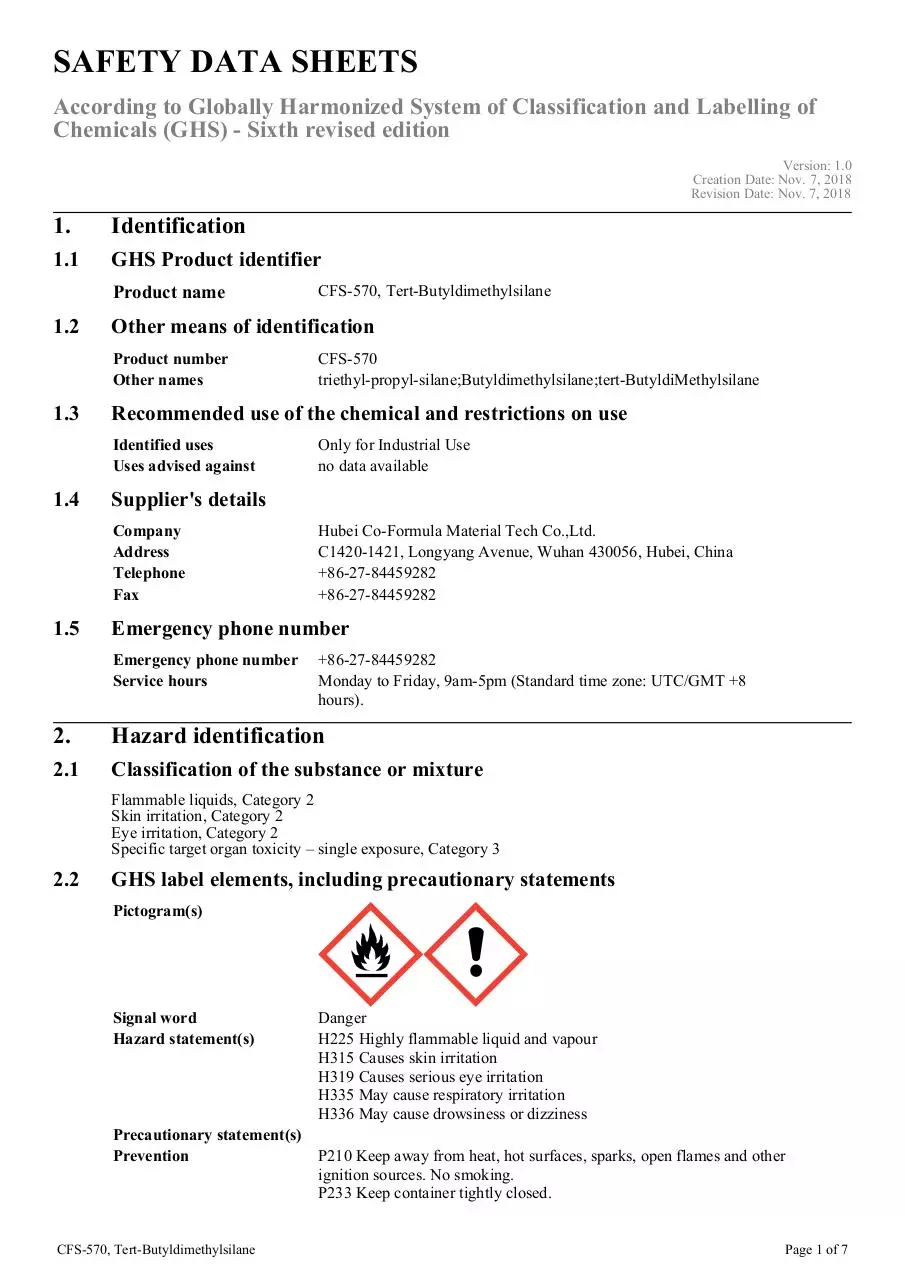 Page 1 of 7, cfs 570 tert butyldimethylsilane ghs sds