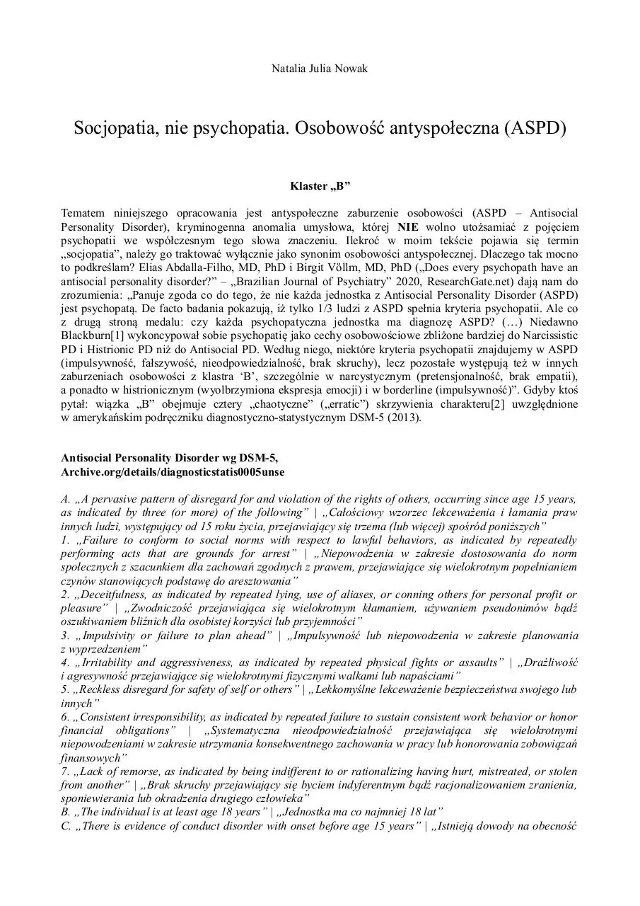 Page 1 of 8, Socjopatia, nie psychopatia. Osobowość antyspołeczna (ASPD)
