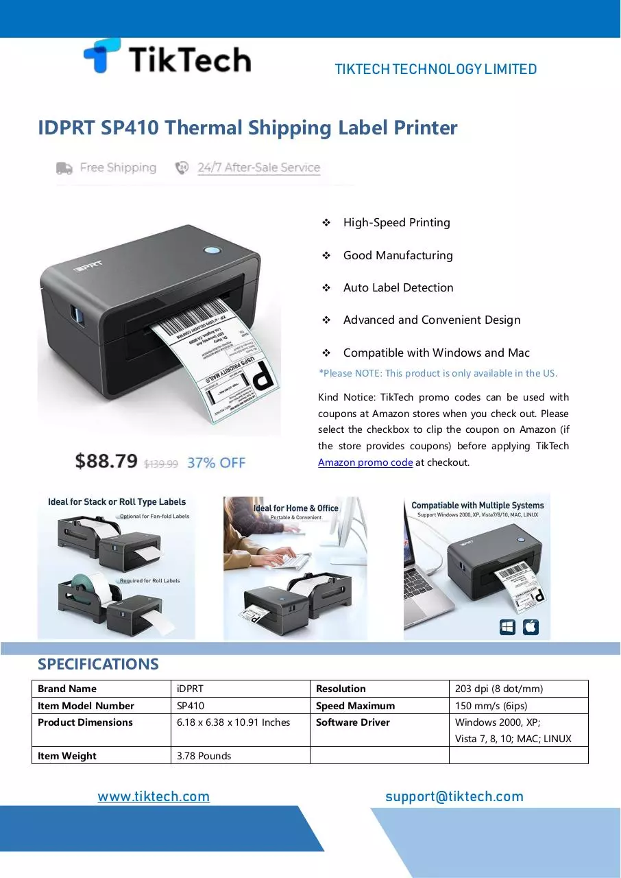 Page 1 of 1, iDPRT SP410 Thermal Shipping Label Printer