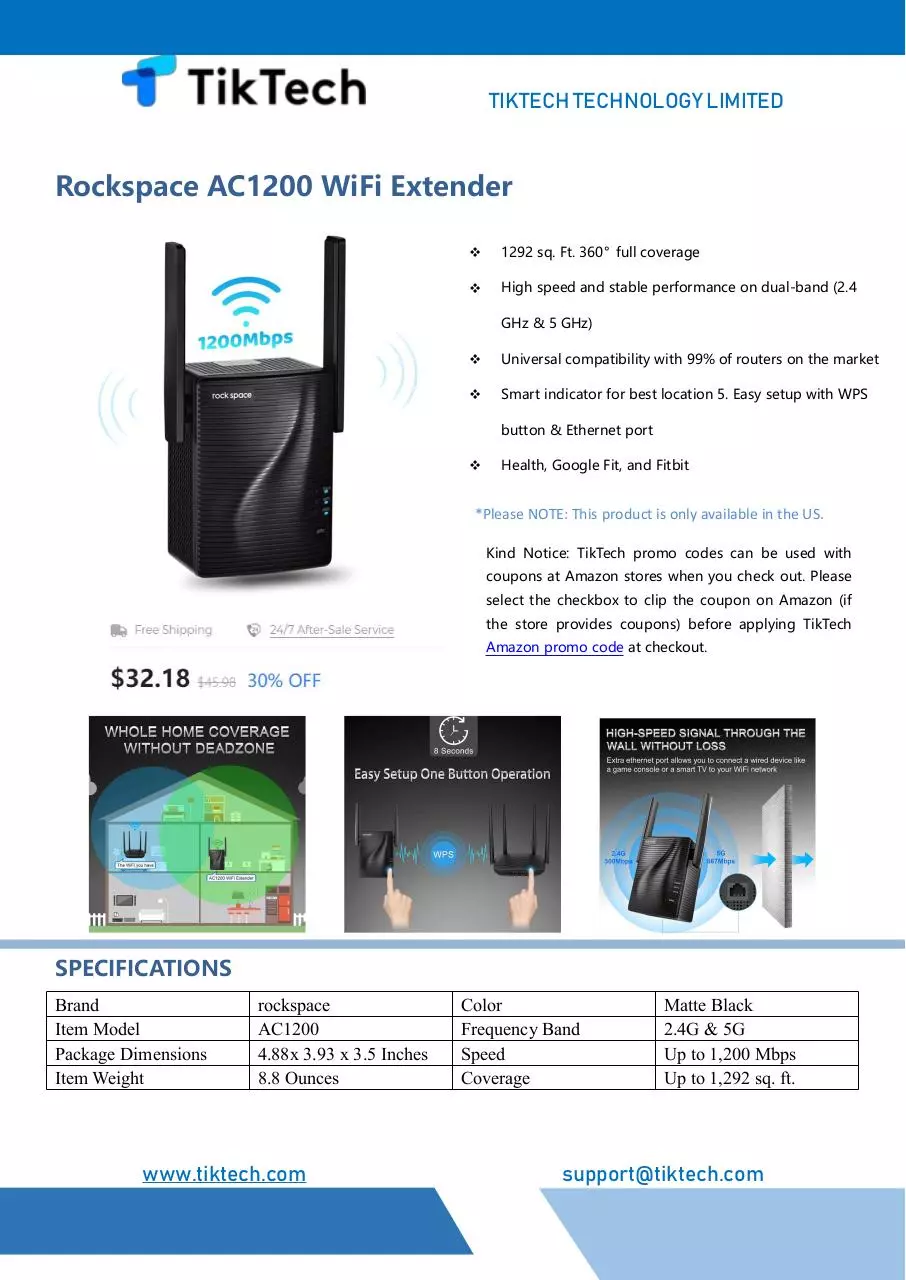 Page 1 of 1, rockspace AC1200 WiFi Extender