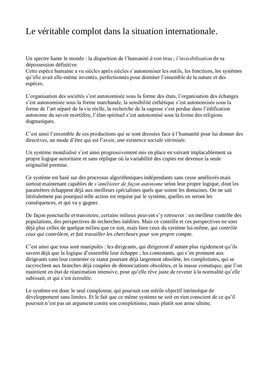 Page 1 of 1, Le véritable complot dans la situation internationale.