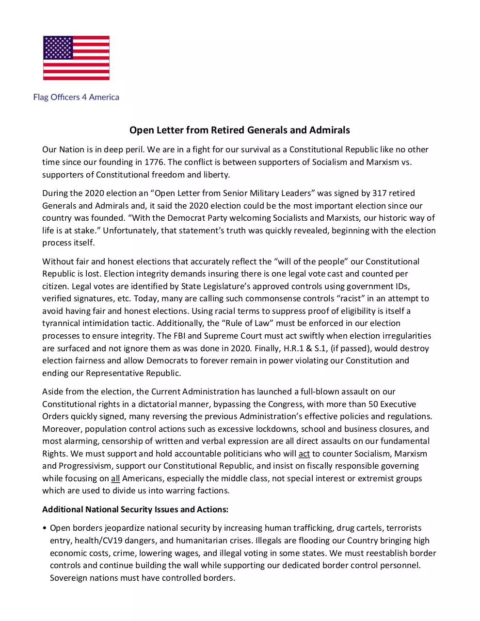Page 1 of 5, 2021 Open Letter from Retired Generals and Adm