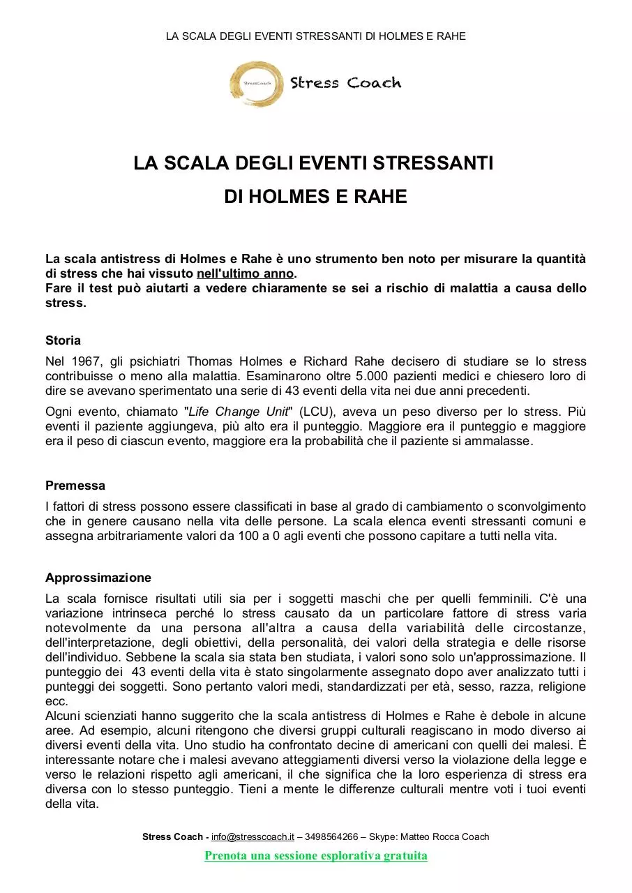 Page 1 of 3, La scala degli eventi stressanti di Holmes Rahe