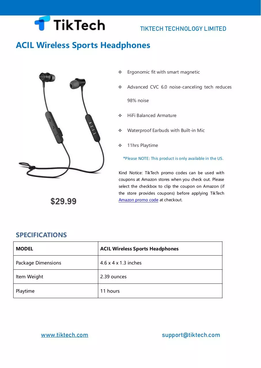 Page 1 of 2, ACIL Wireless Sports Headphones