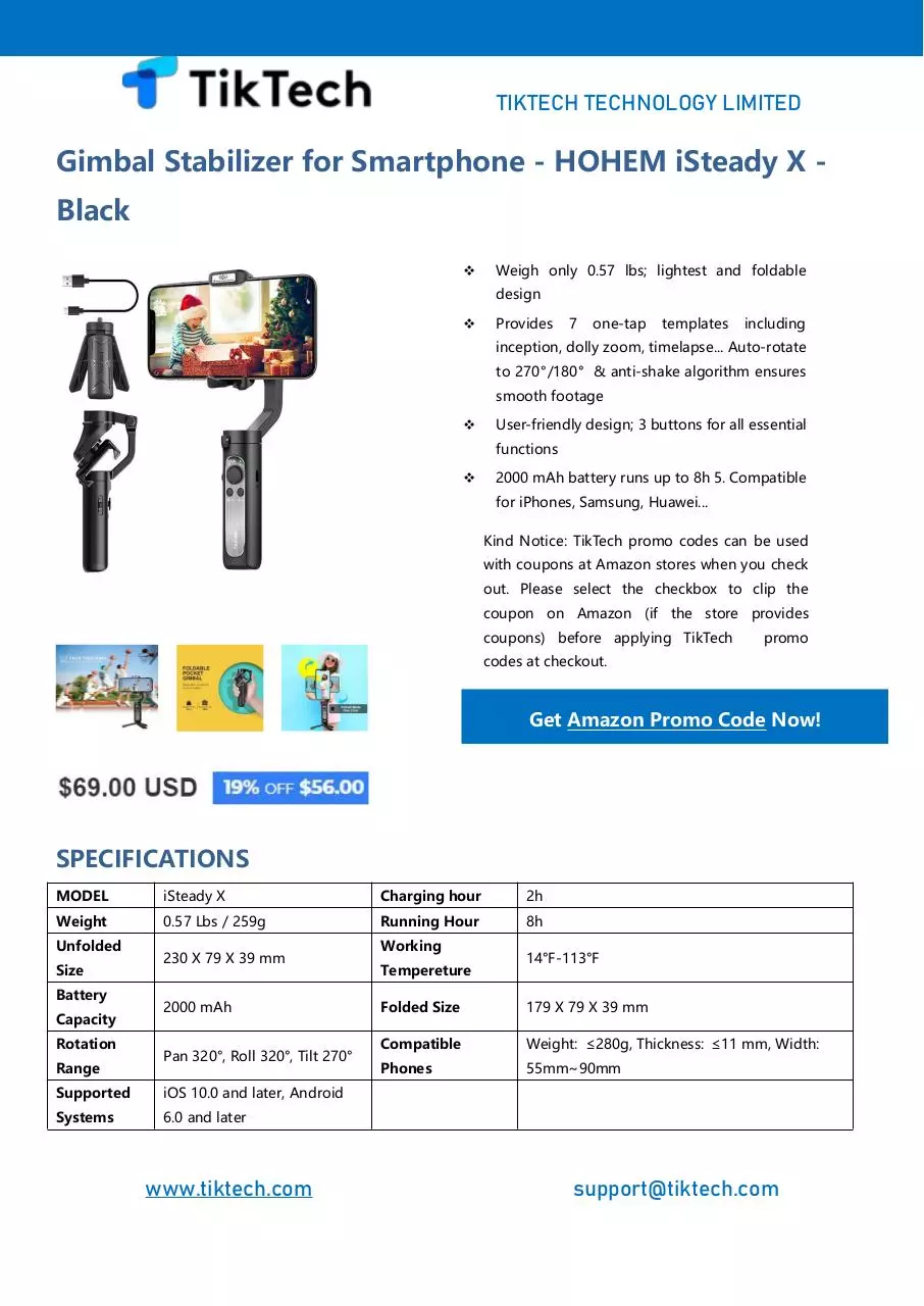 Page 1 of 1, Gimbal Stabilizer for Smartphone HOHEM iSteady X Black