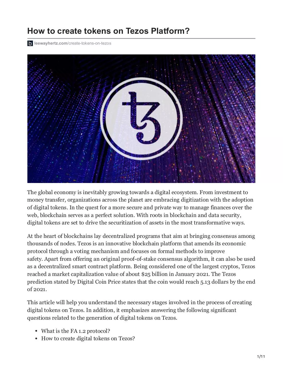 Page 1 of 11, How to create tokens on Tezos Platform
