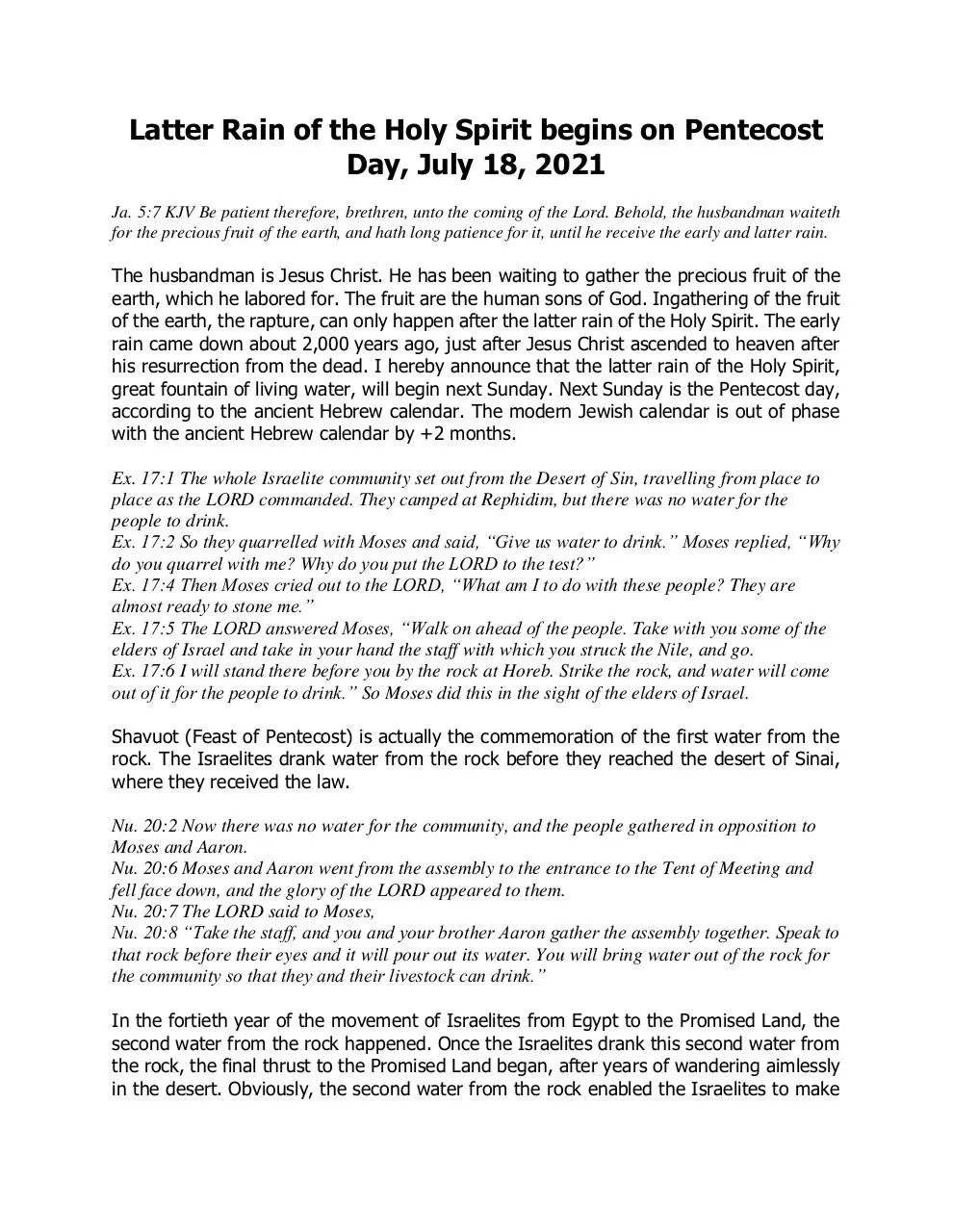 Page 1 of 2, Latter Rain of the Holy Spirit begins on Pentecost Day