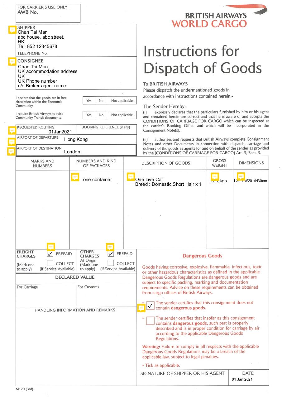 Document preview British Airways - IAG Cargo - Instructions for Dispatch of Goods (Pets Sample).pdf - page 1/1