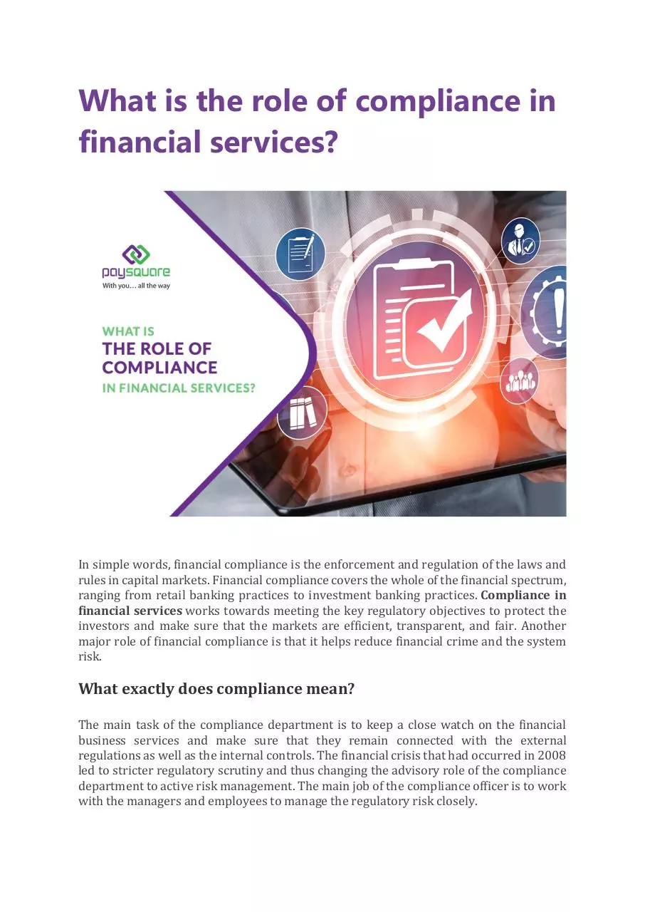 Page 1 of 5, What is the role of compliance in financial services