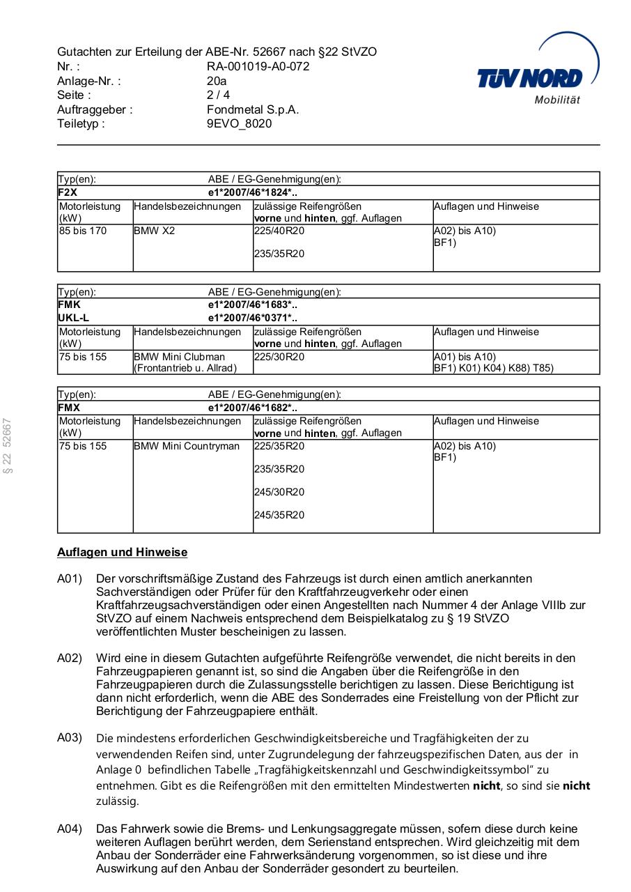 Document preview ABE - 9EVO - 8,0x20 - BMW 66,6mm.pdf - page 2/4