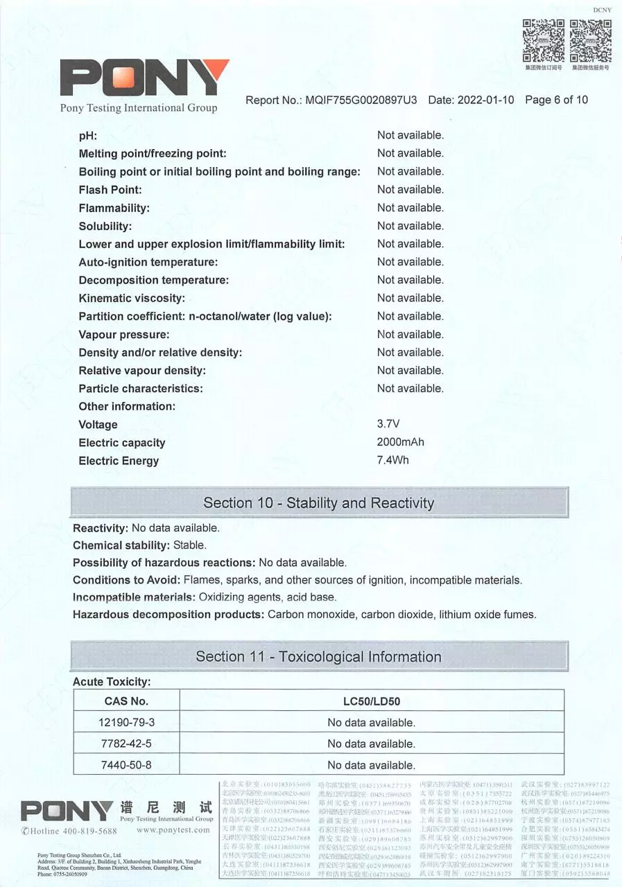 Page 1 of 3, MSDS# MQIF755G0020897U3 Battery# 18650 2022 01 10 (C)