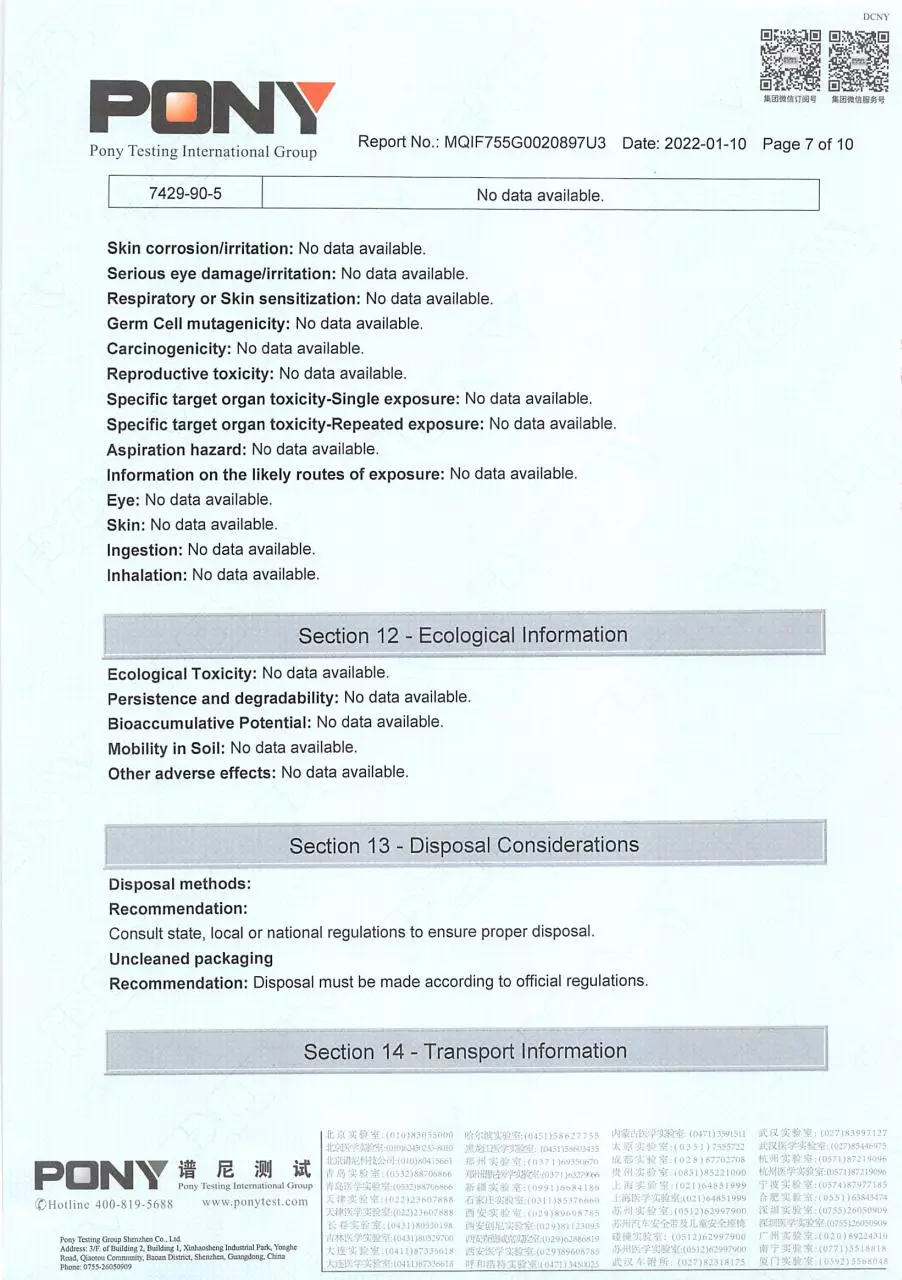 Page 2 of 3, MSDS# MQIF755G0020897U3 Battery# 18650 2022 01 10 (C)