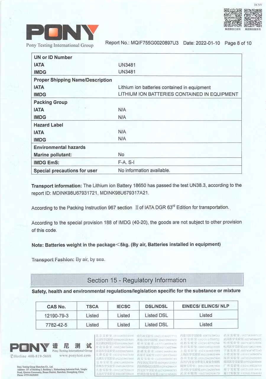 Page 3 of 3, MSDS# MQIF755G0020897U3 Battery# 18650 2022 01 10 (C)