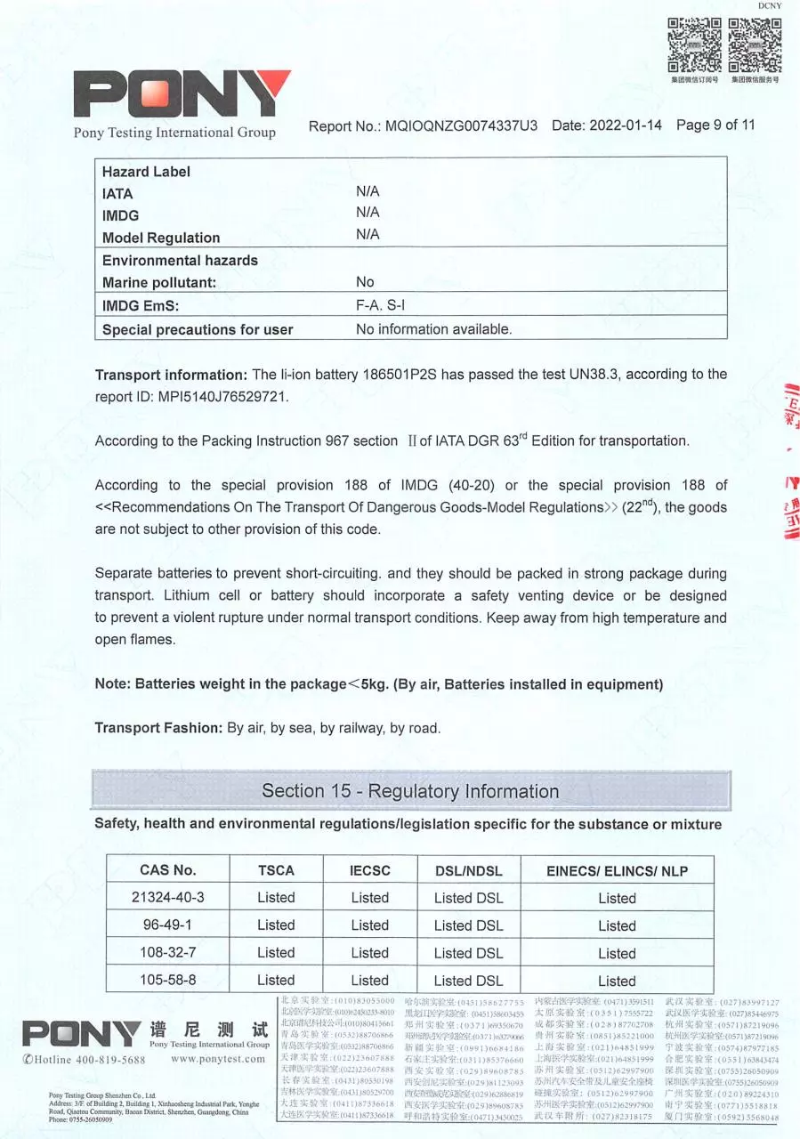 Page 2 of 4, MSDS# MQIOQNZG0074337U3 Battery# 186501P2S 18650 2022 01 14 (3)