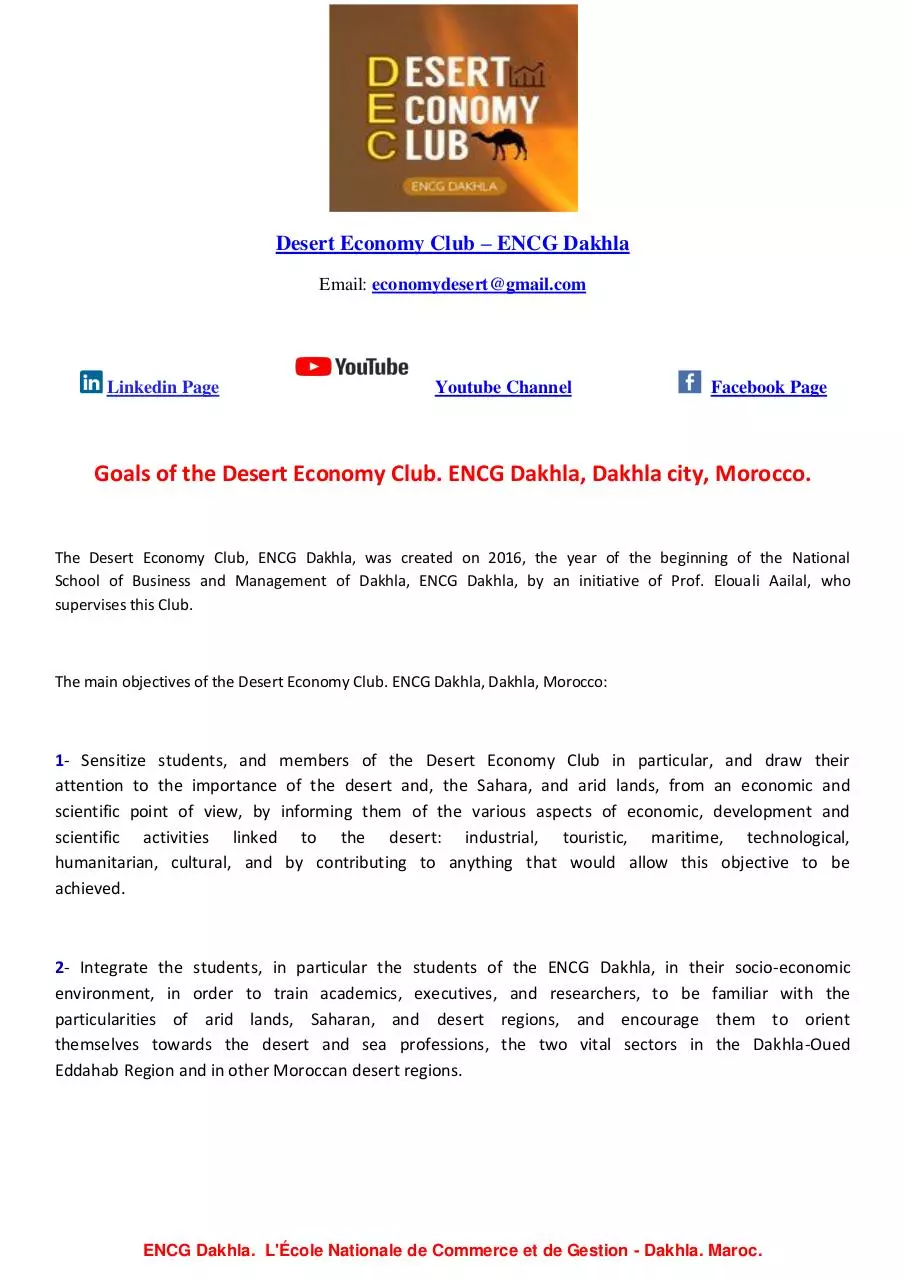 Document preview - Desert Economy Club Goals. ENCG, Dakhla city, Sahara, Morocco.pdf - Page 1/1